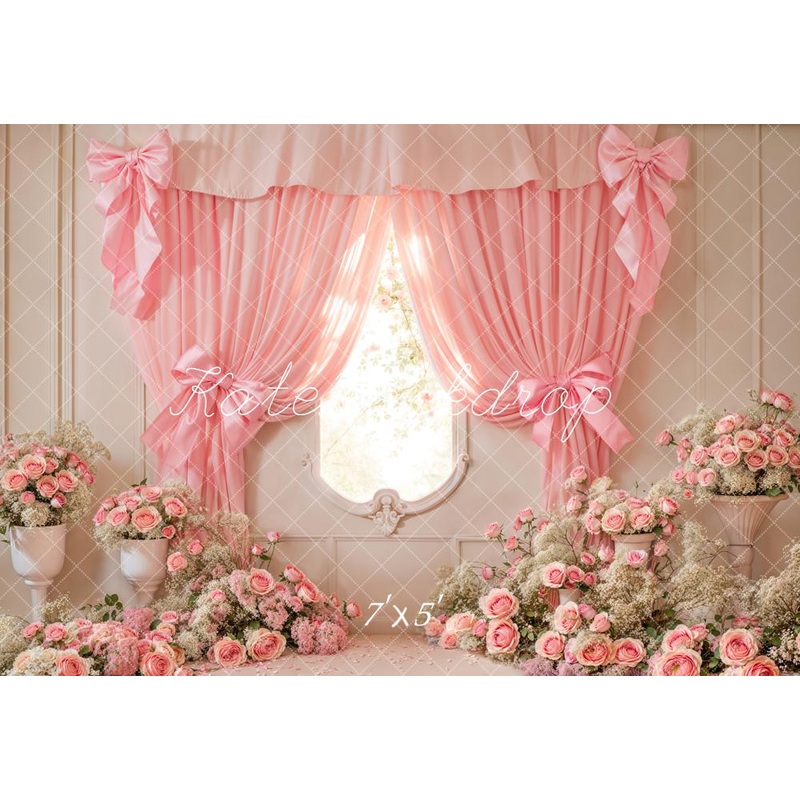 Kate Cake Smash Pink Floral Curtain Bow Backdrop Designed by Emetselch Microfiber (Printed) 7x5ft - small kids sitting / cake smash