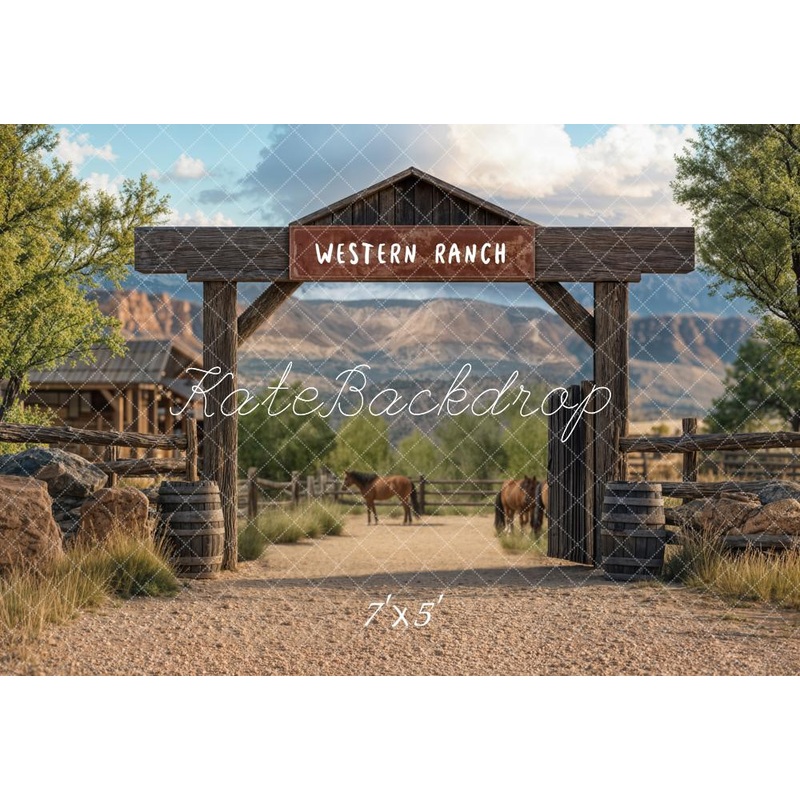 Kate Western Ranch Horses Mountain Backdrop Designed by Emetselch Microfiber (Printed) 7x5ft - small kids sitting / cake smash