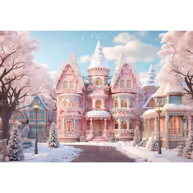 Kate Winter Christmas Pink Town Backdrop Designed by Emetselch 7x5ft - small kids sitting / cake smash Microfiber (Printed)