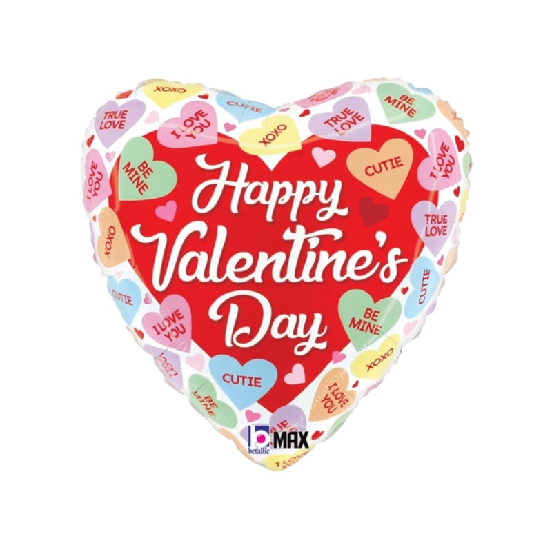 18" Conversation Heart Foil Balloon Inflated with Helium and Ribbon