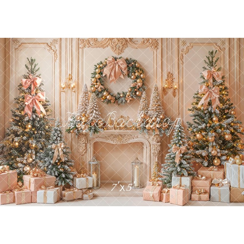 Kate Christmas Fireplace Gorgeous Pink Gold Trees Wreath Gifts Backdrop Designed by Emetselch Microfiber (Printed) 7x5ft - small kids sitting / cake smash