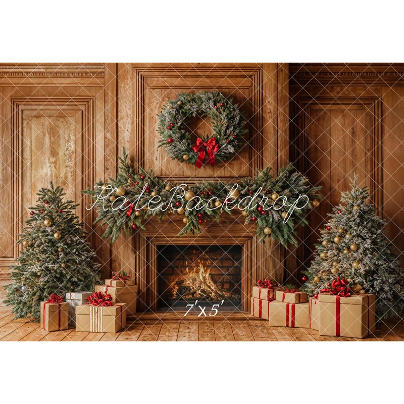 Kate Christmas Fireplace Wooden Wall Backdrop Designed by Emetselch Microfiber (Printed) 7x5ft - small kids sitting / cake smash