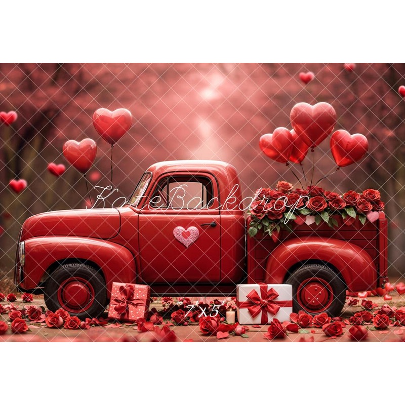 Kate Valentine's Day Red Truck Heart Balloons Backdrop Designed by Emetselch Microfiber (Printed) 7x5ft - small kids sitting / cake smash