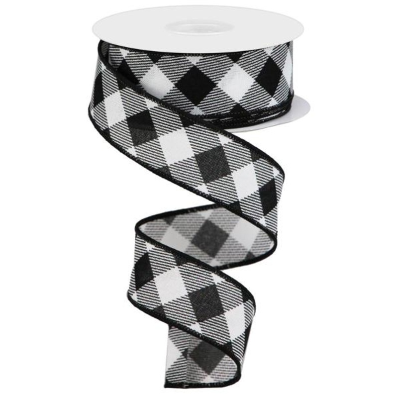 1.5" Diagonal Check Ribbon: Black/White  - 10yds