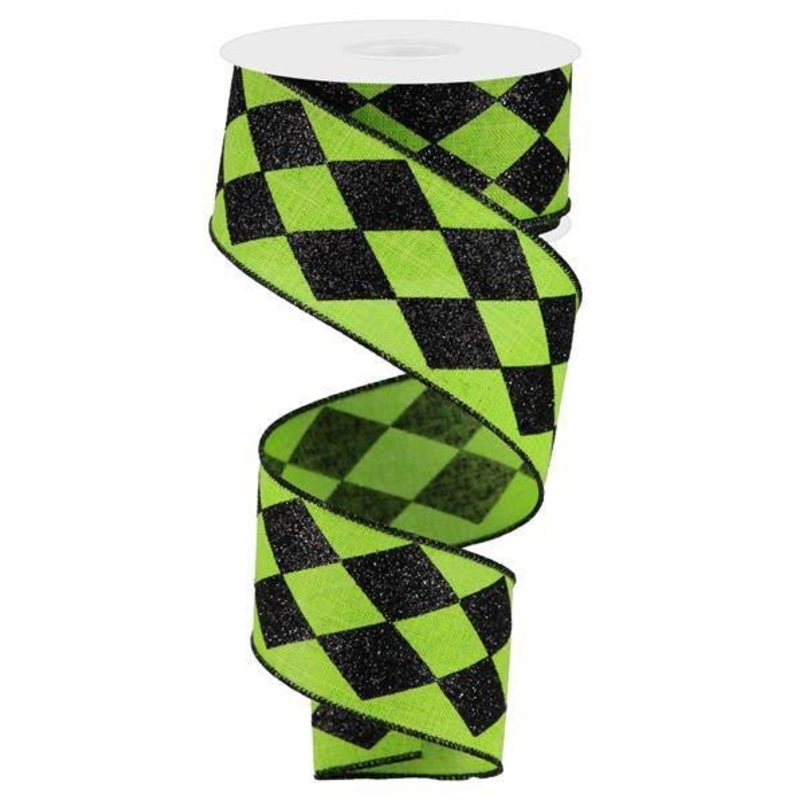 2" Glitter Harlequin Ribbon: Lime Green/Black - 10yds