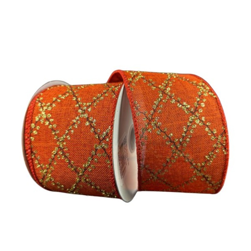 2.5" Rust/Gold Diamond Pattern Linen Ribbon - 10yds