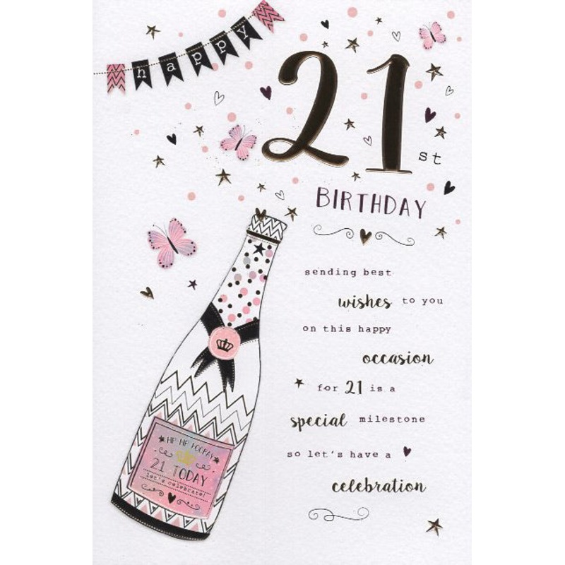 21st Birthday Card - Contemporary Pink Champagne Design