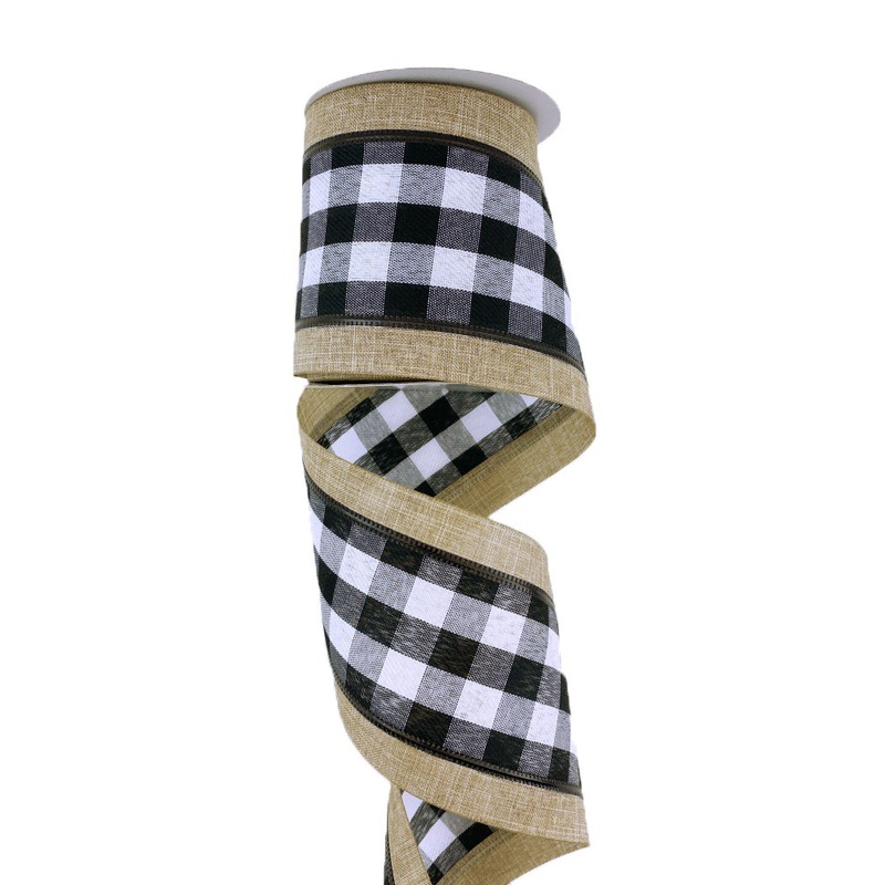 4" Black/Wht Check Natural Edge Ribbon - 10yds