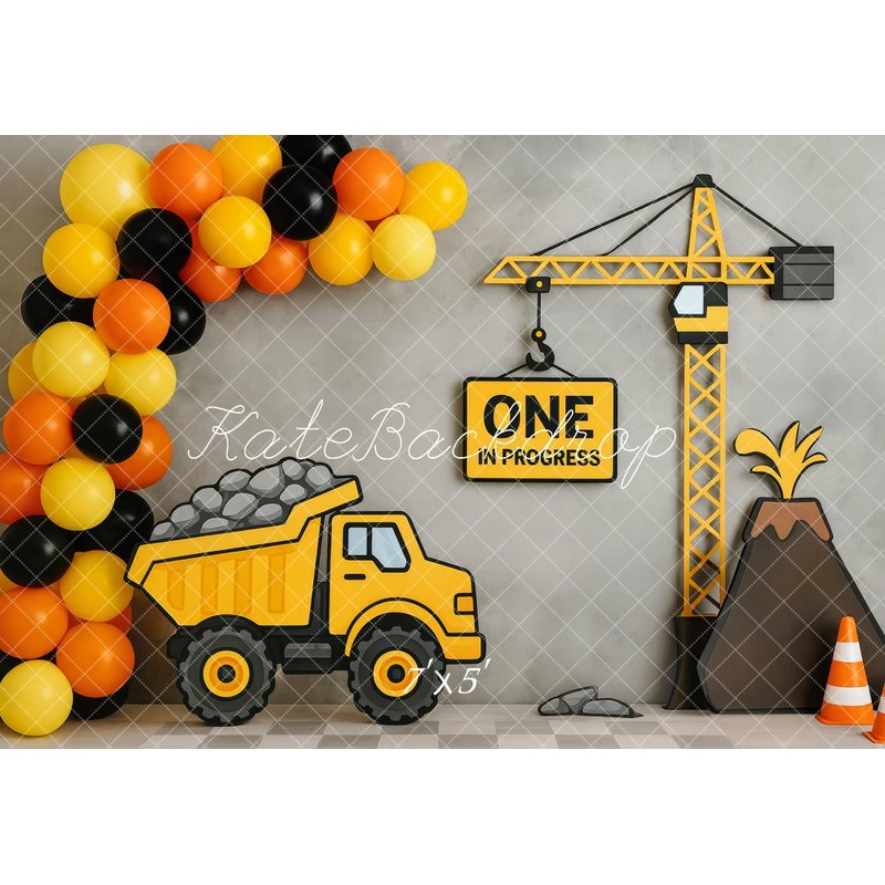 Kate 1st Birthday Construction Truck Crane Backdrop Designed by Patty Roberts Microfiber (Printed) 7x5ft - small kids sitting / cake smash