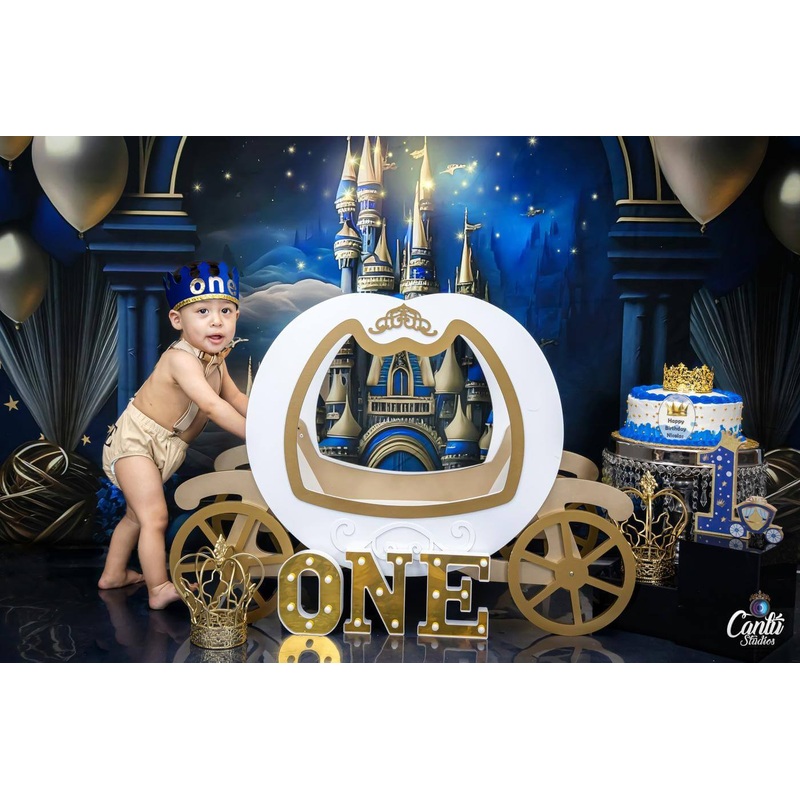 Kate Castle Blue Prince Birthday Backdrop Designed by Ashley Paul Microfiber (Printed) 7x5ft - small kids sitting / cake smash