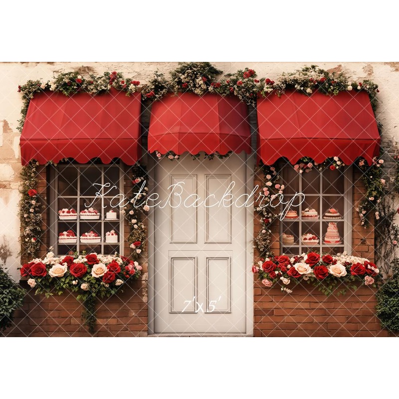 Kate Bakery Shop Red Flowers Door Backdrop Designed by Emetselch Microfiber (Printed) 7x5ft - small kids sitting / cake smash