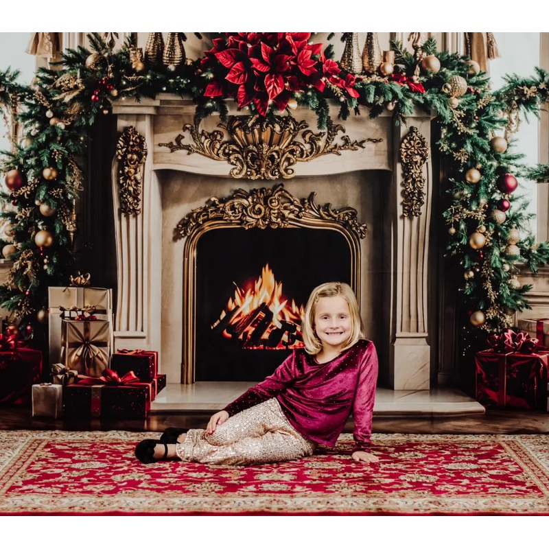Kate Christmas Fireplace Retro Curtain Window Wreath Backdrop Designed by Emetselch Microfiber (Printed) 7x5ft - small kids sitting / cake smash