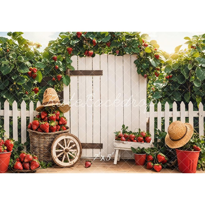 Kate Strawberry Garden Rustic Basket Cart Backdrop Designed by Emetselch Microfiber (Printed) 7x5ft - small kids sitting / cake smash