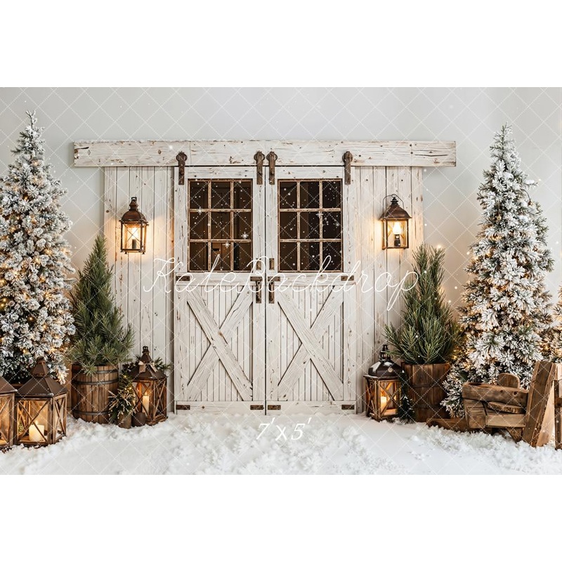 Kate Christmas Barn Door Lanterns Snowy Trees White Backdrop Designed by Emetselch Microfiber (Printed) 7x5ft - small kids sitting / cake smash