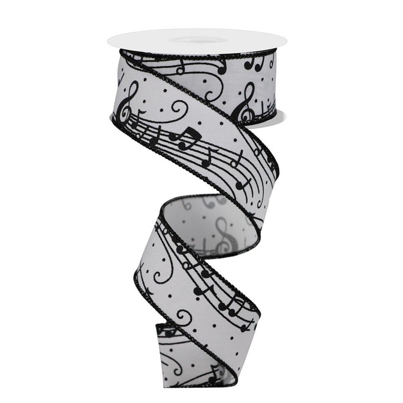 1.5" Music Staff/Note Ribbon: White/Black (10 yds)