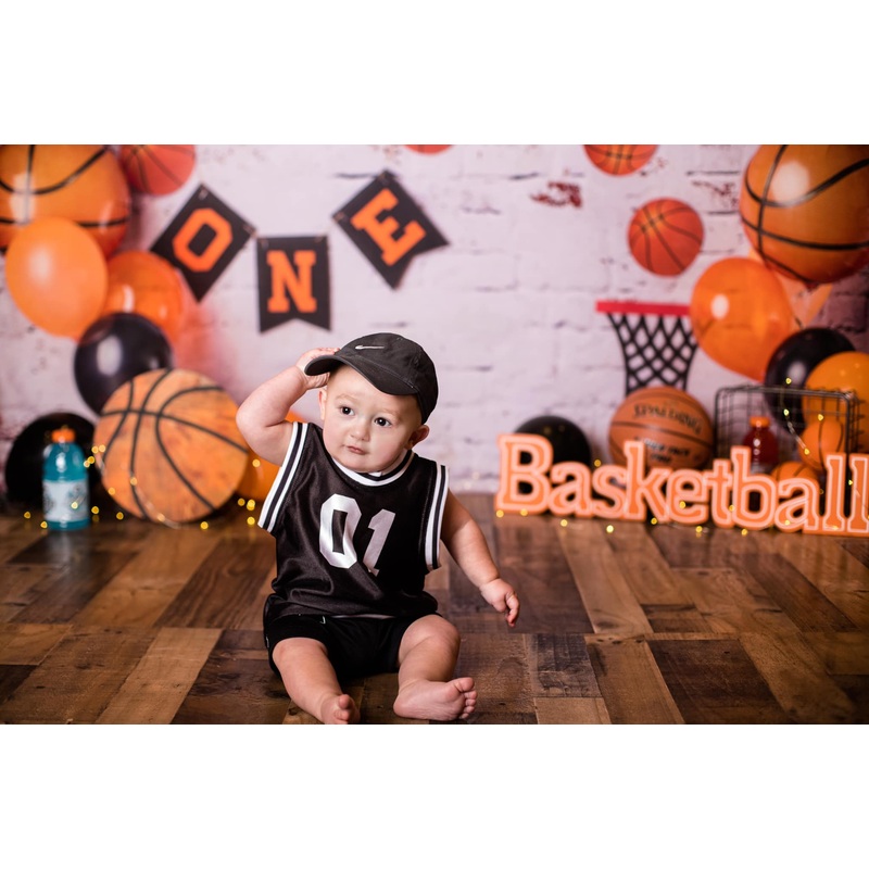 Kate 1st Birthday Basketball Backdrop for Photography Designed By Erin Larkins 5x3ft - newborns and babies Microfiber (Printed)