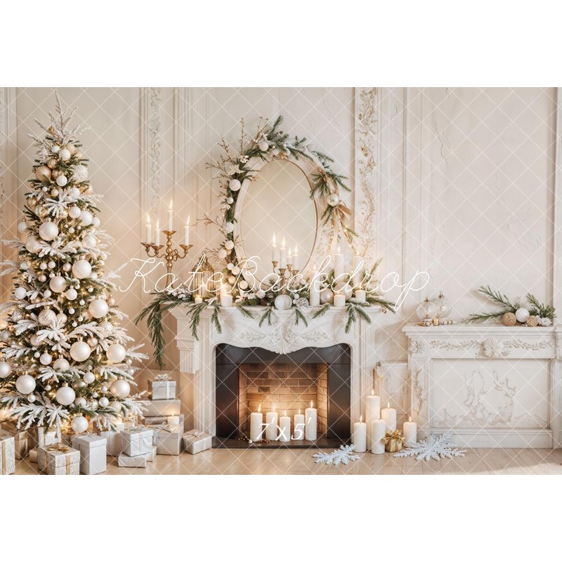 Kate White Christmas Tree Fireplace Retro Wall Backdrop Designed by Emetselch Microfiber (Printed) 7x5ft - small kids sitting / cake smash