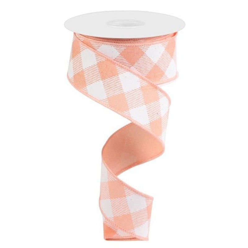 1.5" Diagonal Check Ribbon: Peach/White - 10yds