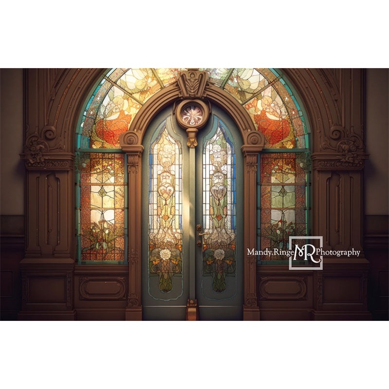 Kate Arched Stained Glass Church Door Retro Backdrop Designed by Mandy Ringe Photography 7x5ft - small kids sitting / cake smash Microfiber (Printed)