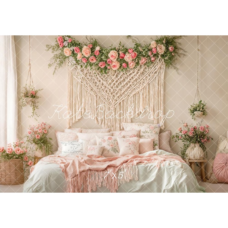 Kate Boho Cozy Floral Macrame Bedroom Backdrop Designed by Emetselch Microfiber (Printed) 7x5ft - small kids sitting / cake smash