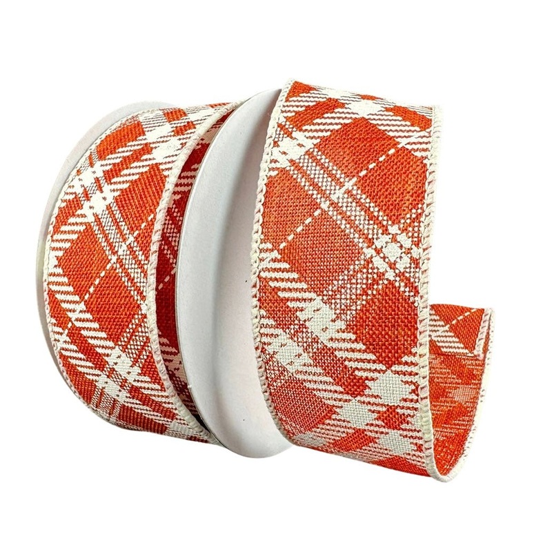 1.5" Diagonal Plaid Ribbon: Rust/Cream - 10yds