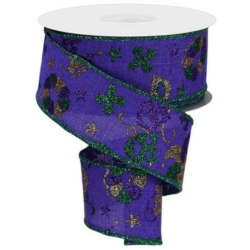 1.5" Glitter Mardi Gras Ribbon: Purple/Emerald/Gold