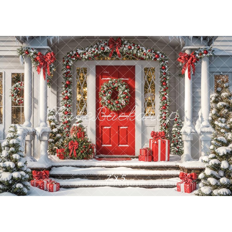 Kate Winter Christmas Retro Red Door House Backdrop Designed by Emetselch 7x5ft - small kids sitting / cake smash Microfiber (Printed)