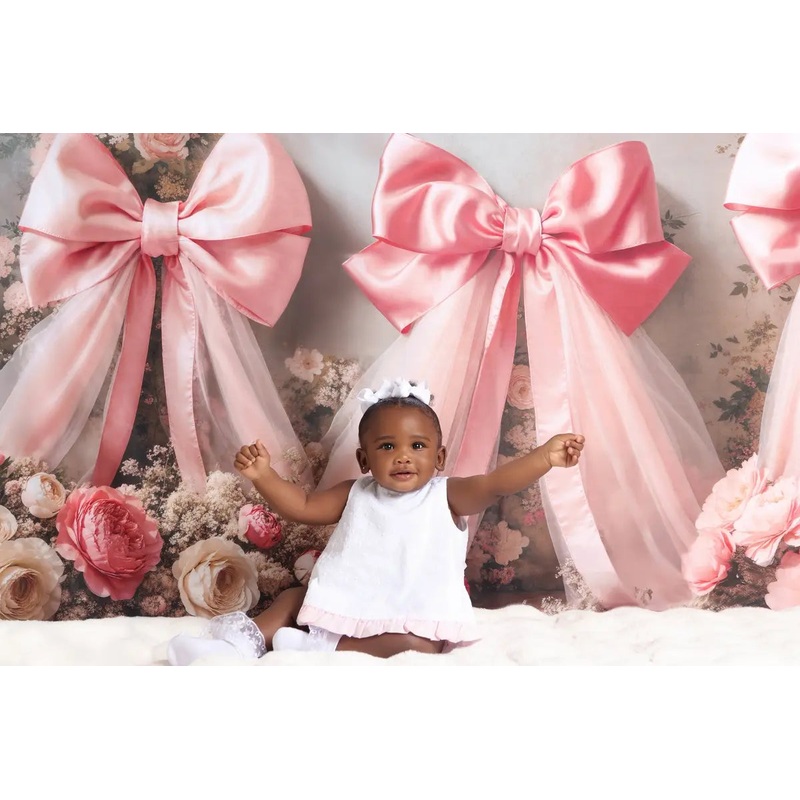 Kate Spring Pink Bows Floral Backdrop Designed by Emetselch Microfiber (Printed) 7x5ft - small kids sitting / cake smash