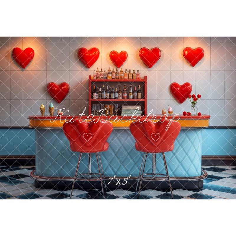 Kate Valentine Bar Retro Heart Backdrop Designed by Emetselch Microfiber (Printed) 7x5ft - small kids sitting / cake smash