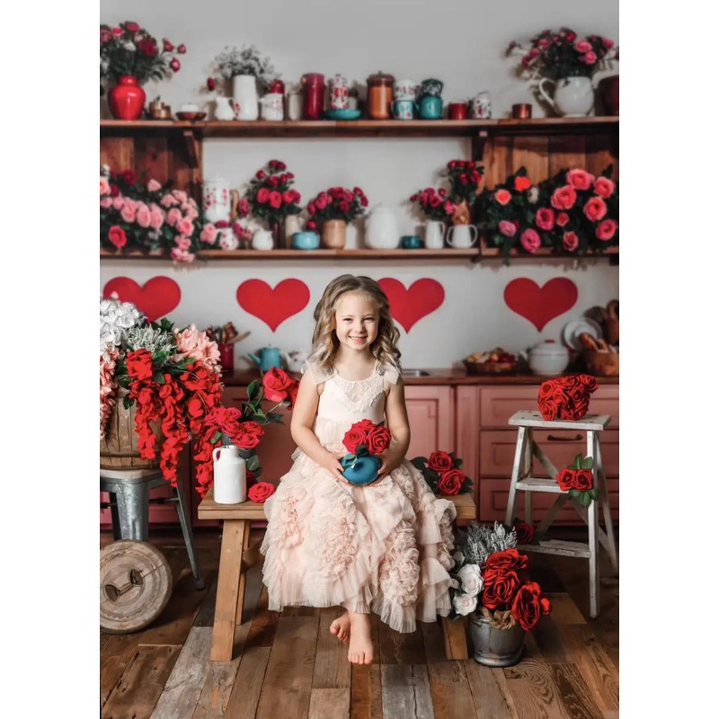 Kate Valentine Kitchen Floral Red Heart Backdrop Designed by Emetselch Microfiber (Printed) 7x5ft - small kids sitting / cake smash