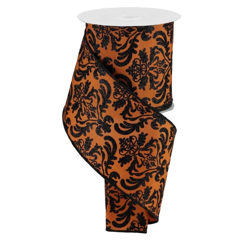 4" Bold Damask Dupioni Ribbon: Orange/Black - 10yds
