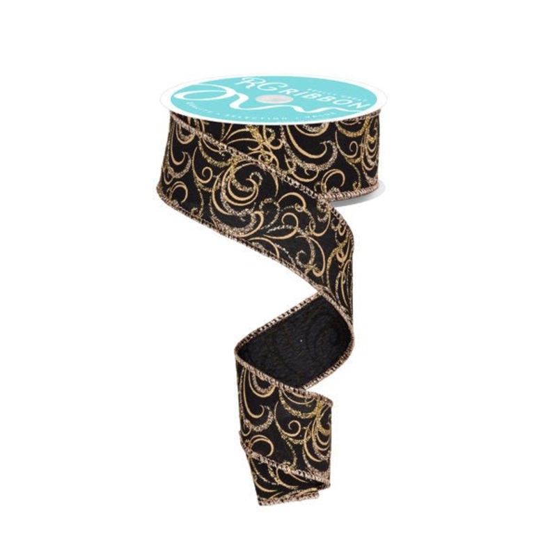1.5" Multi Swirl Ribbon: Black/Champagne/Gold - 10yds
