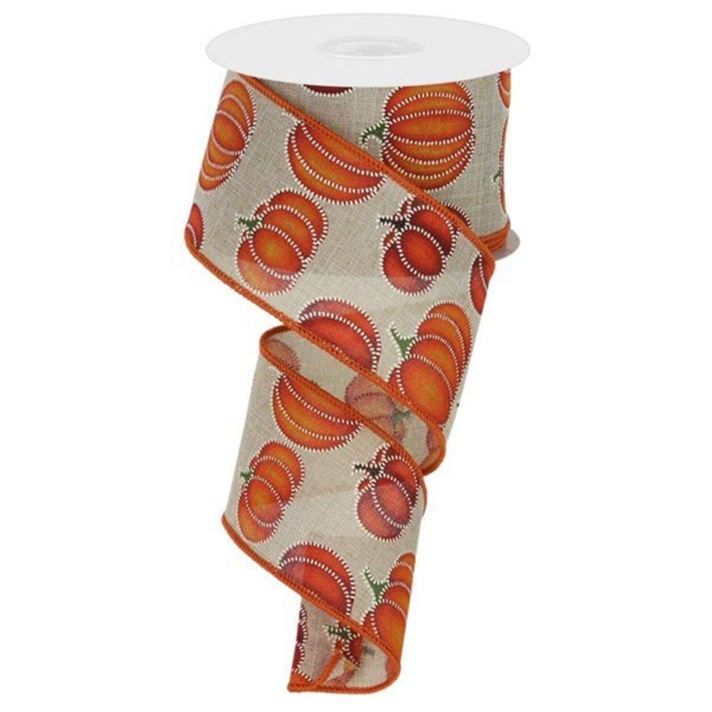 2.5" Stitched Pumpkin Ribbon: Natural