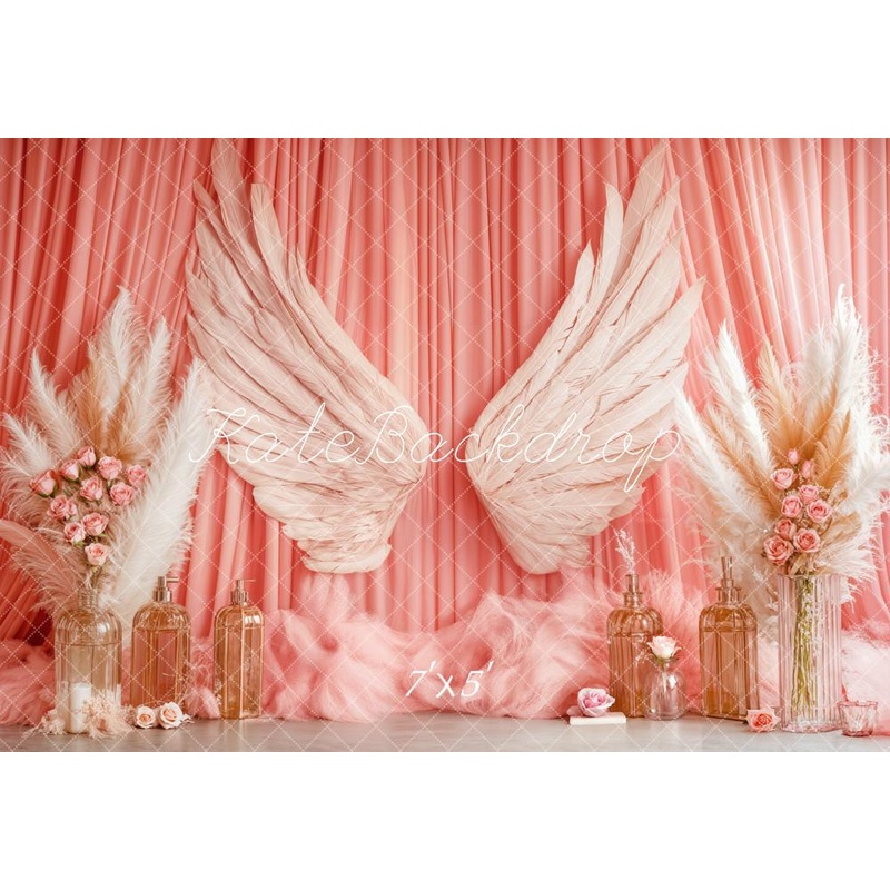 Kate Boho Angel Wings Pink Curtains Backdrop Designed by Emetselch Microfiber (Printed) 7x5ft - small kids sitting / cake smash