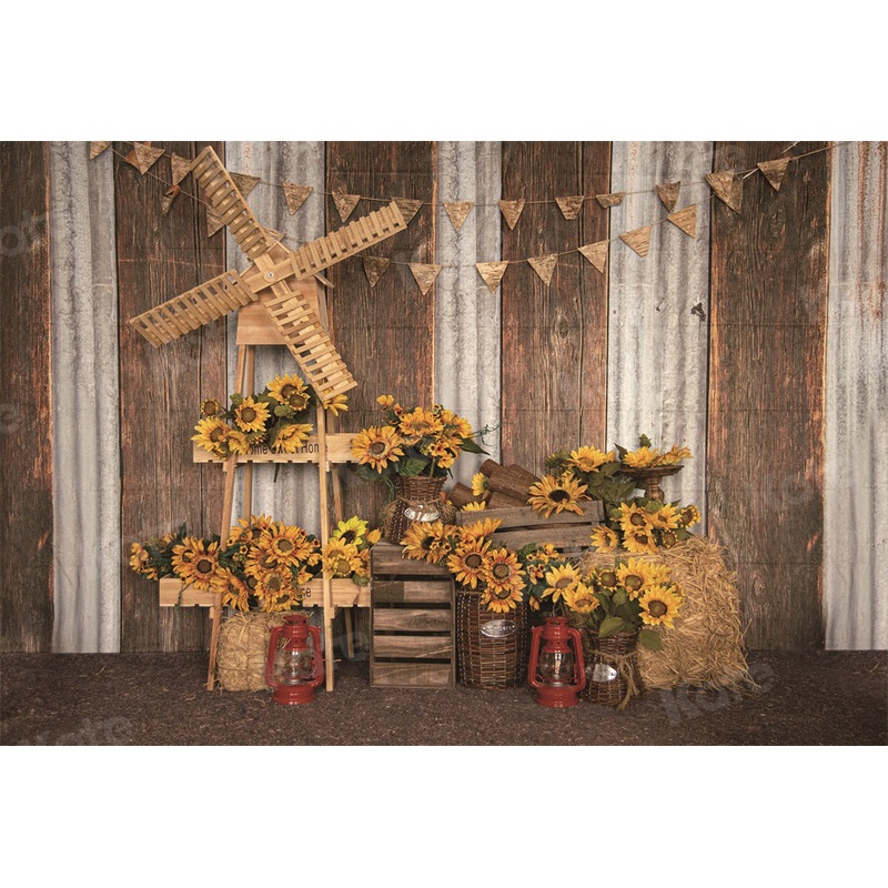Kate Autumn Backdrop Sunflower Wood Grain for Photography 5x3ft - newborns and babies Microfiber (Printed)