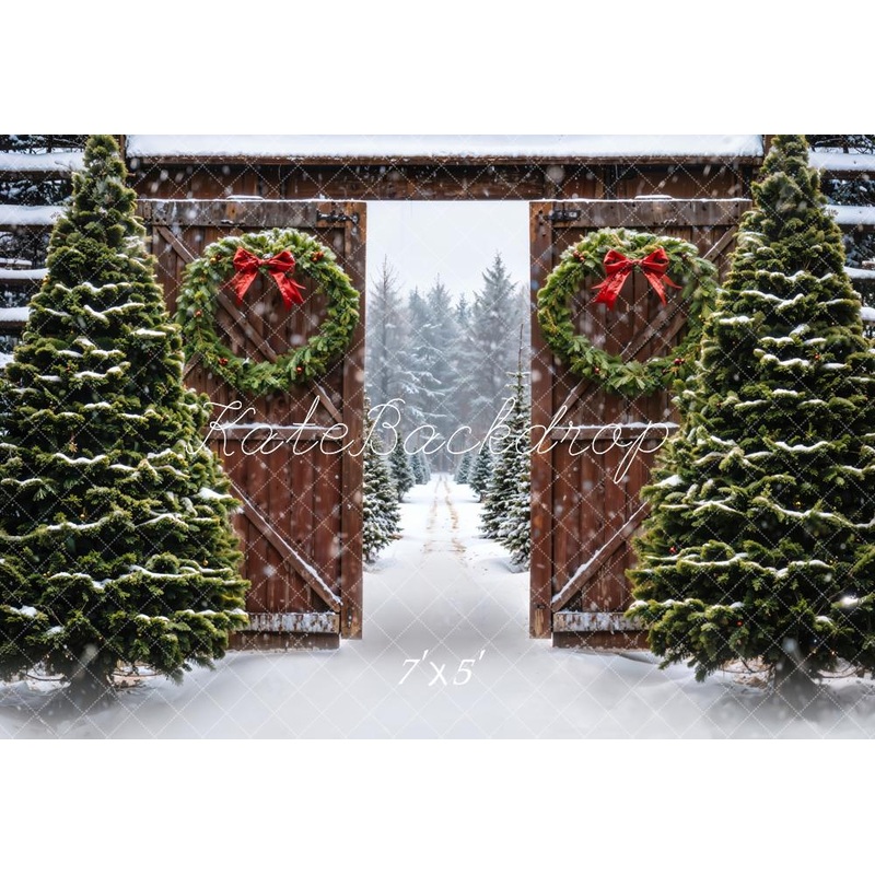 Kate Winter Forest Christmas Tree Brown Farm Door Backdrop Designed by Emetselch 7x5ft - small kids sitting / cake smash Microfiber (Printed)