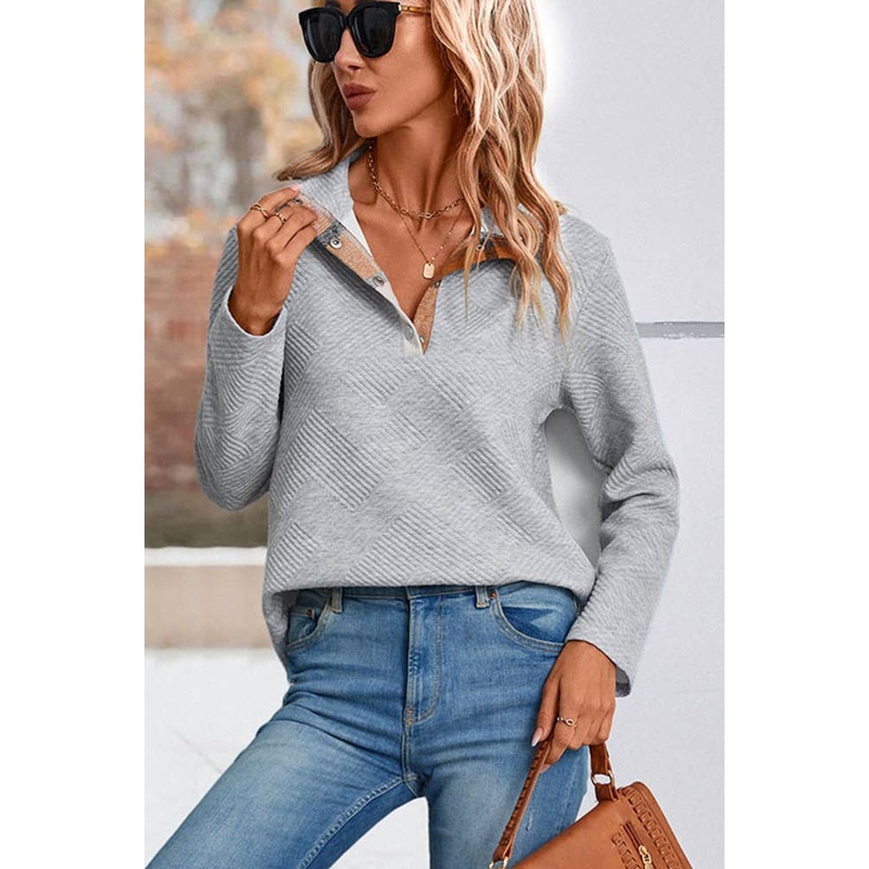 UNISHE - Grey Buttoned Quilted Sweatshirt BFZY578 Gray S