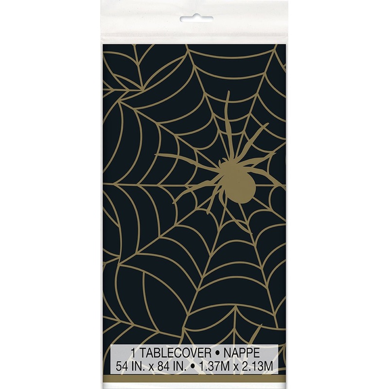 Halloween Black & Gold Spider Web Plastic Table Cover 84" x 54" | 1 ct