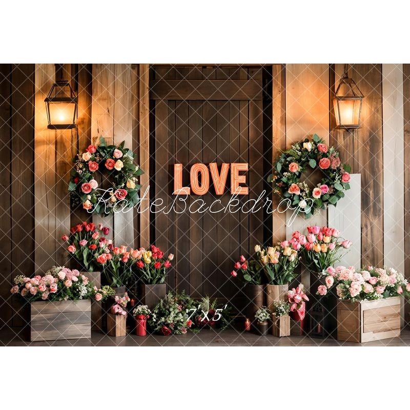 Kate Valentine's Day Love Floral Wood Door Backdrop Designed by Emetselch Microfiber (Printed) 7x5ft - small kids sitting / cake smash