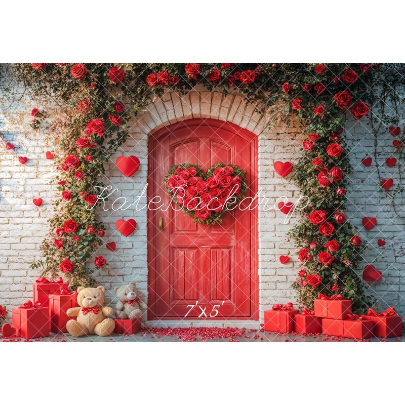 Kate Valentine's Day Red Roses Door Arch Backdrop Designed by Emetselch Microfiber (Printed) 7x5ft - small kids sitting / cake smash