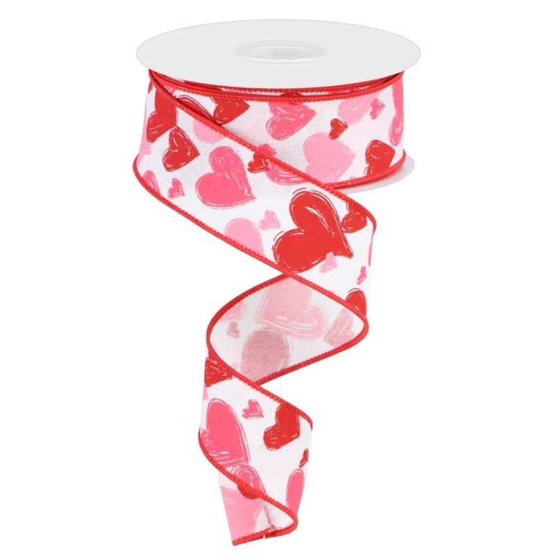 1.5" Hand Drawn Heart Ribbon - Wht/Pink/Red (10yd)
