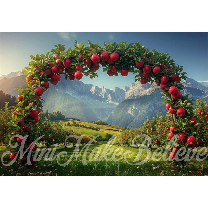 Kate Autumn Orchard Mountain Meadow Red Apple Arch Backdrop Designed by Mini MakeBelieve 7x5ft - small kids sitting / cake smash Microfiber (Printed)