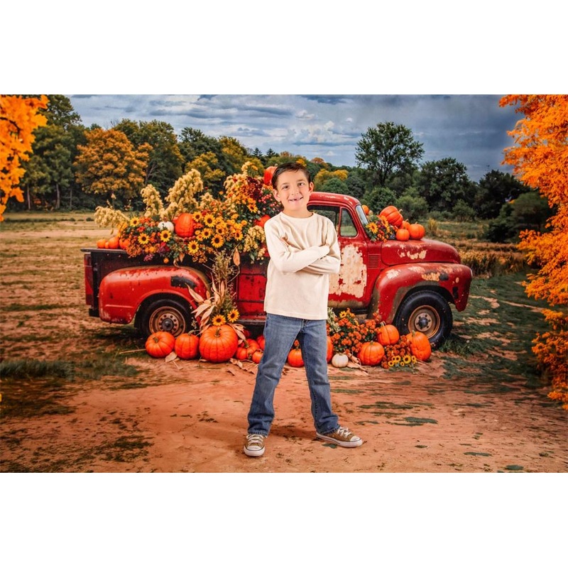Kate Autumn Outdoor Forest Colorful Flower Pumpkin Crimson Truck Backdrop Designed by Emetselch 7x5ft - small kids sitting / cake smash Microfiber (Printed)