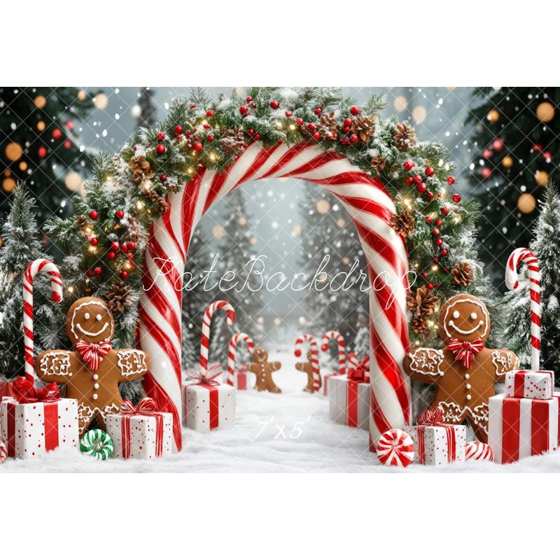 Kate Christmas Candy Cane Arch Gingerbread Snow Backdrop Designed by Emetselch Microfiber (Printed) 7x5ft - small kids sitting / cake smash
