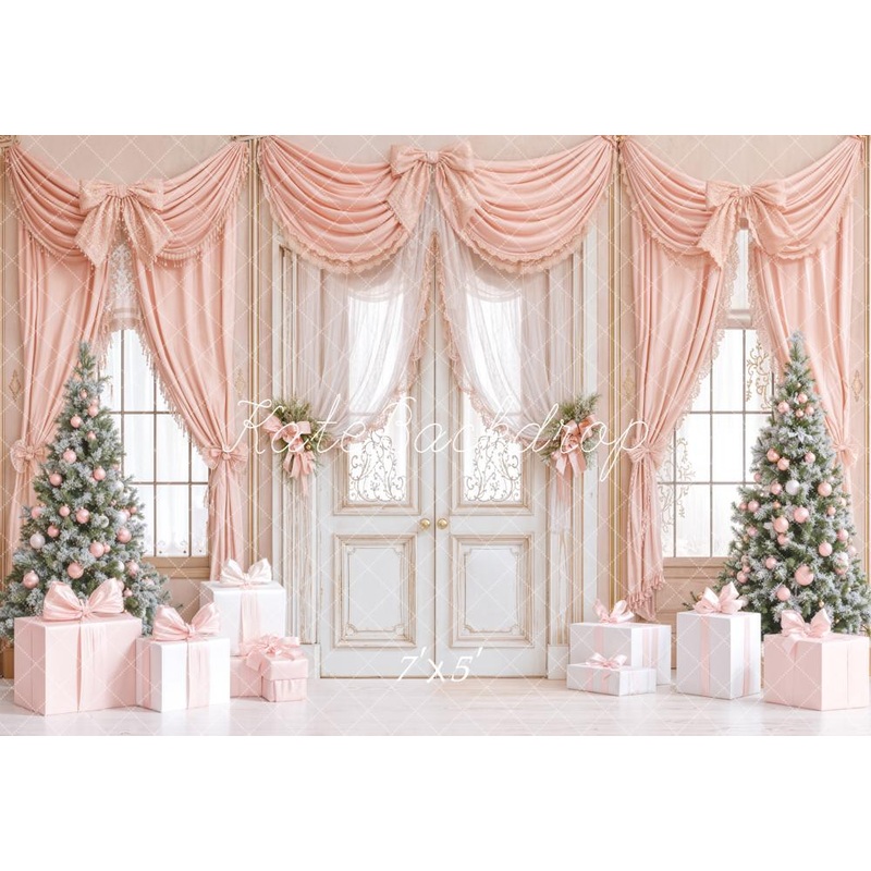 Kate Christmas Elegant Pink Curtains Gifts Trees Backdrop Designed by Emetselch Microfiber (Printed) 7x5ft - small kids sitting / cake smash