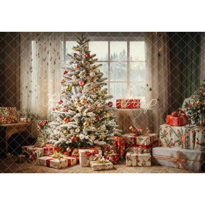 Kate Winter Indoor Christmas Tree White Curtain Framed Window Backdrop Designed by Emetselch 7x5ft - small kids sitting / cake smash Microfiber (Printed)