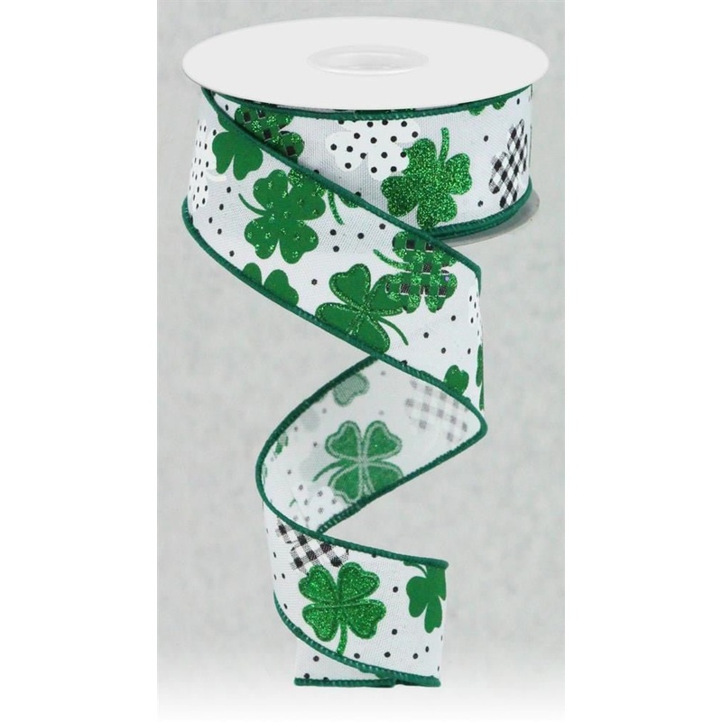 1.5" Patterned Shamrock Ribbon: Wht/Grn/Blk - 10yds