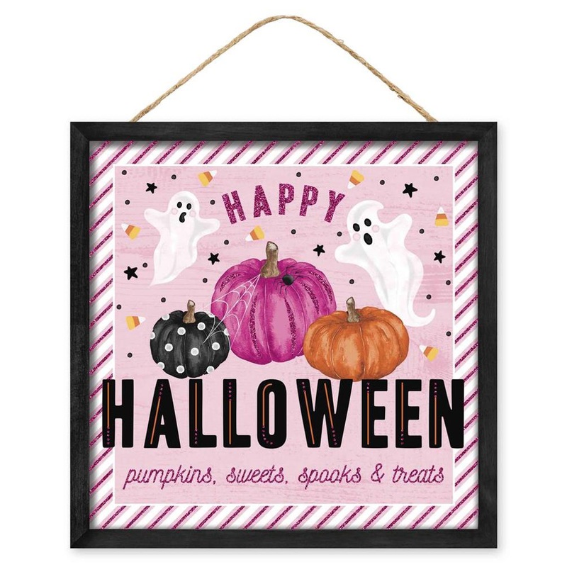 10" Pink Happy Halloween Pumpkin Sign