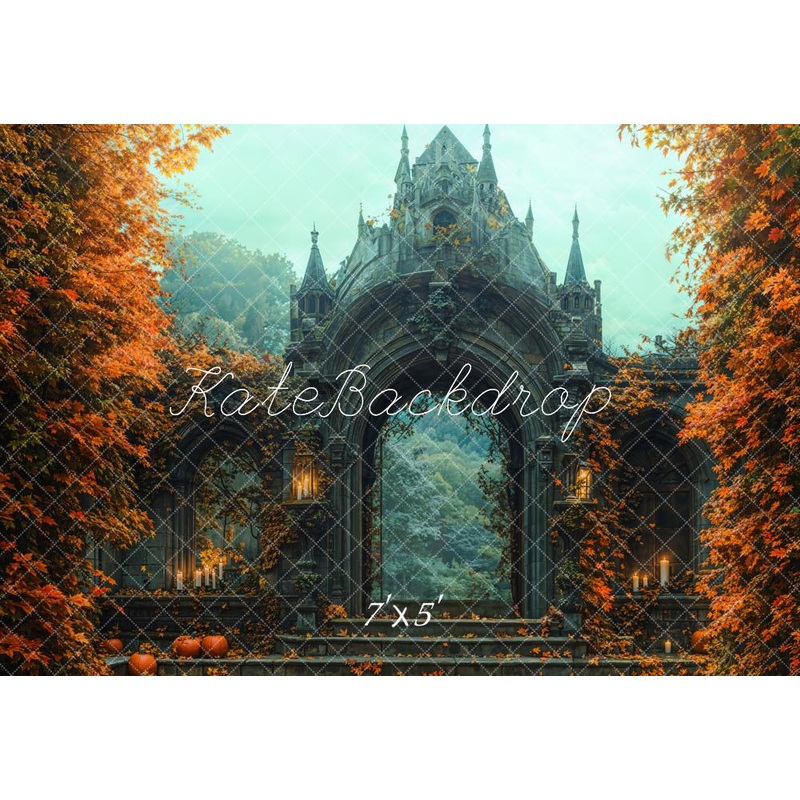 KBPA 2025 Kate Halloween Gothic Castle Maple Leaves Backdrop Designed by Emetselch Microfiber (Printed) 7x5ft - small kids sitting / cake smash