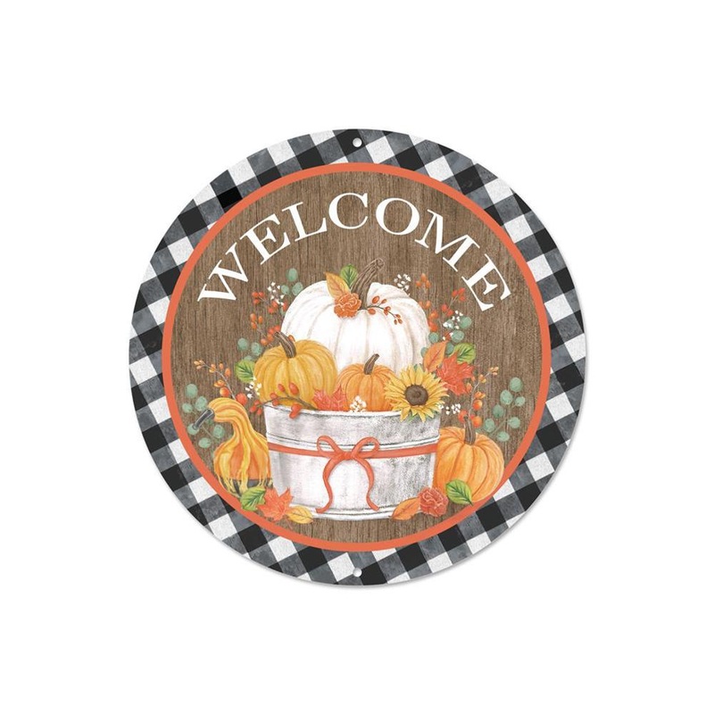 8" Metal Welcome Pumpkin Bucket Sign
